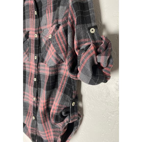 Design In Italy Luxury Women's Plaid Flannel Pink Gray Button Up Roll Tab Sleeve - Picture 7 of 12